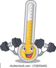 Mascot design of smiling Fitness exercise warm thermometer lift up barbells