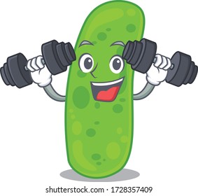Mascot design of smiling Fitness exercise propioni bacteia lift up barbells