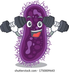 Mascot design of smiling Fitness exercise lactobacillus rhamnosus bacteria lift up barbells