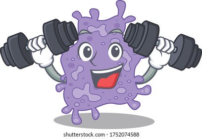 Mascot design of smiling Fitness exercise staphylococcus aureus lift up barbells