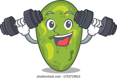 Mascot design of smiling Fitness exercise cyanobacteria lift up barbells