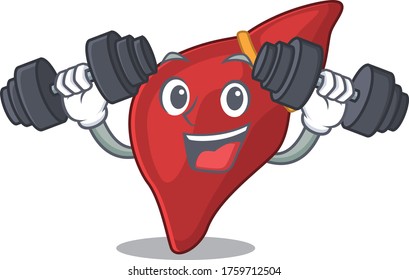 Mascot design of smiling Fitness exercise healthy human liver lift up barbells