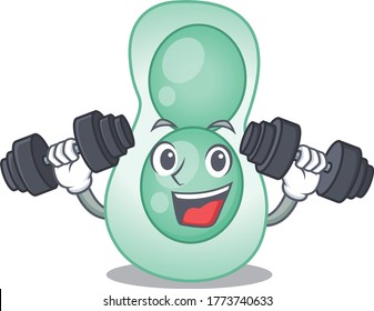 Mascot design of smiling Fitness exercise serratia marcescens lift up barbells
