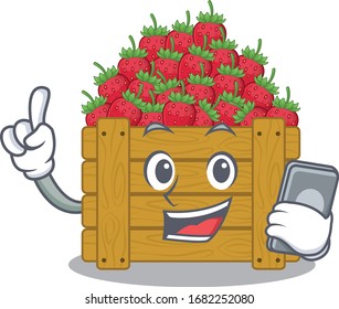 Mascot design of strawberry fruit box speaking on phone