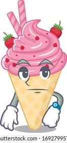 Mascot design of strawberry ice cream showing waiting gesture