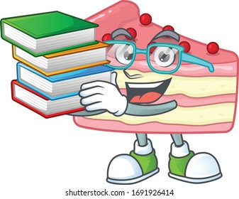 A mascot design of strawberry slice cake student character with book