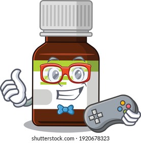 Mascot design style of antibiotic bottle gamer playing with controller