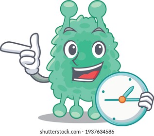 mascot design style of azotobacter vinelandii standing with holding a clock