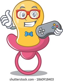 Mascot design style of baby pacifier gamer playing with controller