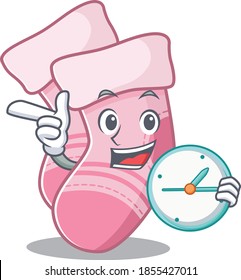 mascot design style of baby socks standing with holding a clock