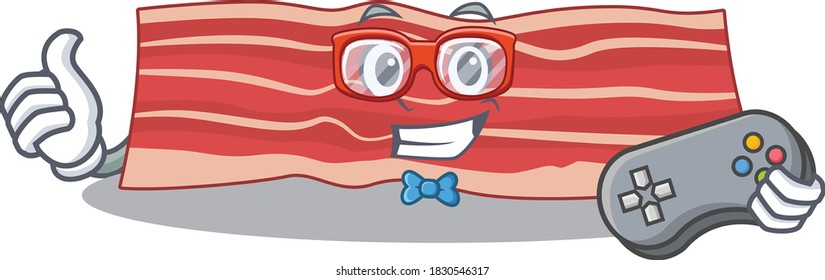Mascot design style of bacon gamer playing with controller