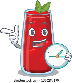 mascot design style of bloody mary cocktail standing with holding a clock