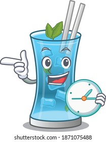 mascot design style of blue hawai cocktail standing with holding a clock