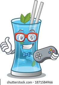 Mascot design style of blue hawai cocktail gamer playing with controller
