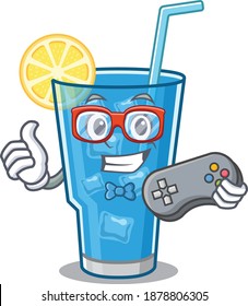 Mascot design style of blue lagoon cocktail gamer playing with controller