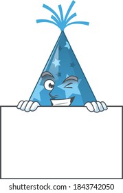 Mascot design style of blue party hat standing behind a board. Vector illustration