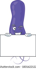 Mascot design style of blue spirila standing behind a board. Vector illustration