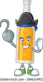 mascot design style of bottle of beer as a pirate having one hook hand. Vector illustration