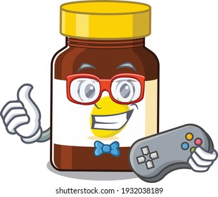 Mascot design style of bottle vitamin c gamer playing with controller