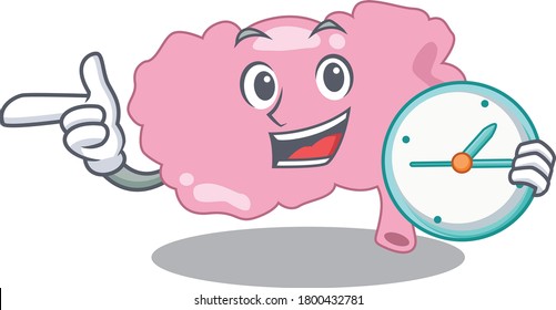 mascot design style of brain standing with holding a clock
