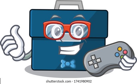 Mascot design style of business suitcase gamer playing with controller