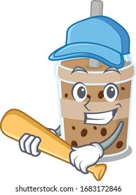 Mascot design style of chocolate bubble tea with baseball stick 