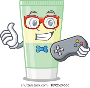 Mascot design style of cleansing foam gamer playing with controller