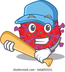 Mascot design style of coronavirus particle with baseball stick
