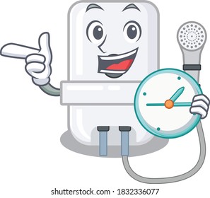 mascot design style of electric water heater standing with holding a clock