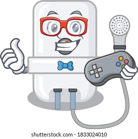 Mascot design style of electric water heater gamer playing with controller