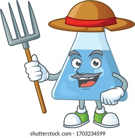 Mascot design style of Farmer blue chemical bottle with hat and pitchfork