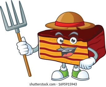 Mascot design style of Farmer dobos torte with hat and pitchfork