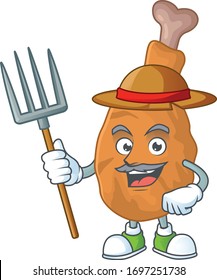 Mascot design style of Farmer fried chicken with hat and pitchfork