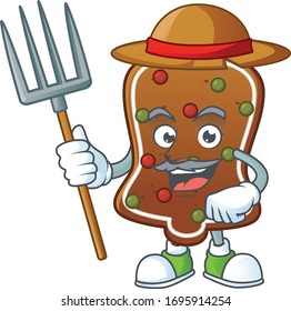 Mascot design style of Farmer gingerbread bell with hat and pitchfork
