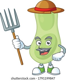 Mascot design style of Farmer staphylococcus pneumoniae with hat and pitchfork. Vector illustration