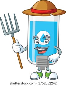 Estilo de diseño de mascota de la mano de granjero sanitizer con sombrero y horquilla de cocina