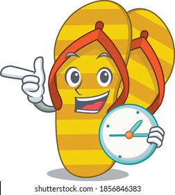 mascot design style of flip flops standing with holding a clock