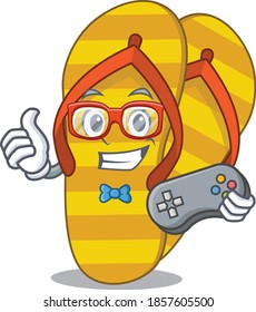 Mascot design style of flip flops gamer playing with controller