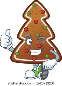 Mascot design style of gingerbread tree showing Thumbs up finger