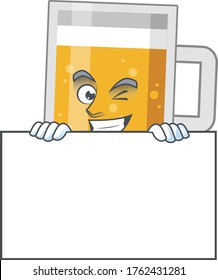 Mascot design style of glass of beer standing behind a board