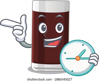 mascot design style of glass of chocolate standing with holding a clock. Vector illustration