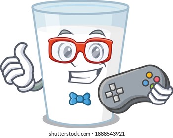 Mascot design style of  glass of milk gamer playing with controller. Vector illustration