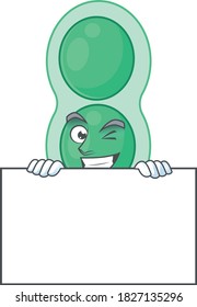 Mascot design style of green streptococcus pneumoniae standing behind a board. Vector illustration