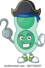 diseño de mascota estilo de estreptococcus pneumoniae verde como pirata con una mano gancho. Ilustración del vector