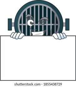 Mascot design style of grill standing behind a board. Vector illustration