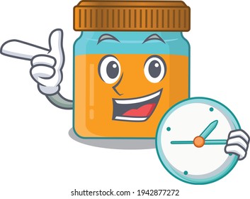 mascot design style of honey jar standing with holding a clock