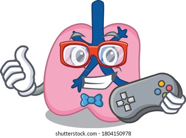 Mascot design style lung gamer playing with controller