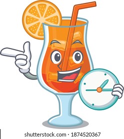 mascot design style of mai tai cocktail standing with holding a clock