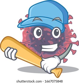 Mascot design style of microbiology coronavirus with baseball stick
