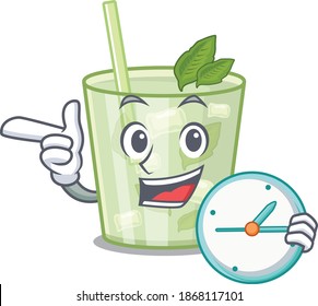 mascot design style of mojito lemon cocktail standing with holding a clock